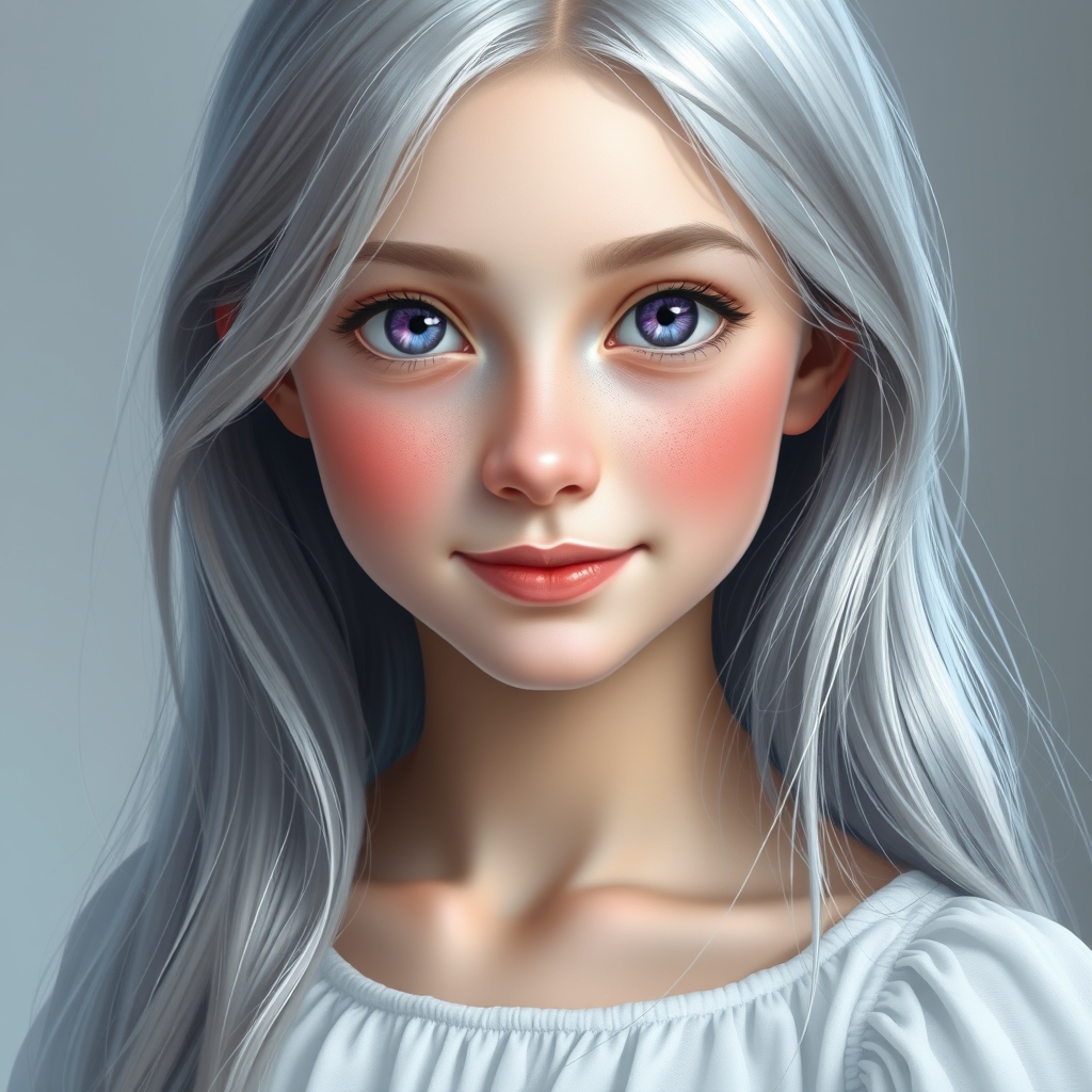 دختری ۱۵ ساله با مو های نقره ای رنگ بلند،چشمان بنفش نافذ،گونه های گلگون،پوستی بیش از حد رنگ پریده،او لبخند به لب دارد و چهره ای بسیار زیبا دارد، او پیراهن سفید رنگ یقه باردو ی خیلی زیبایی پوشیده
به سبک واقع گرایانه 19