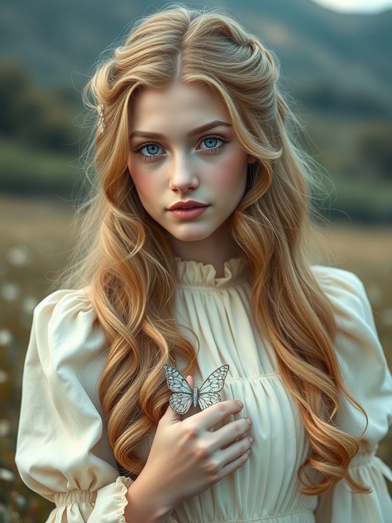 زن جوان ۱۸ ساله با مو های طلایی حالت دار بلند ، پوست سفید ، گونه های صورتی و چشم های ابی کریستالی که از هفت رود خانه مقدس درون چشمانش ، که یه لباس سلطنتی آستین پفی پفی کرمی رویایی اشرافی پوشیده گوشواره و بروی دستاش زیبا ترین پروانه رویایی باشه
ببینیم رویایی چیکار میکنه
0