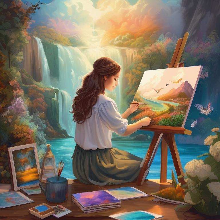 دختری که در حال کشیدن یک منظره زیبا روی بوم هست و دور و برش پر از تابلو و رنگ است20