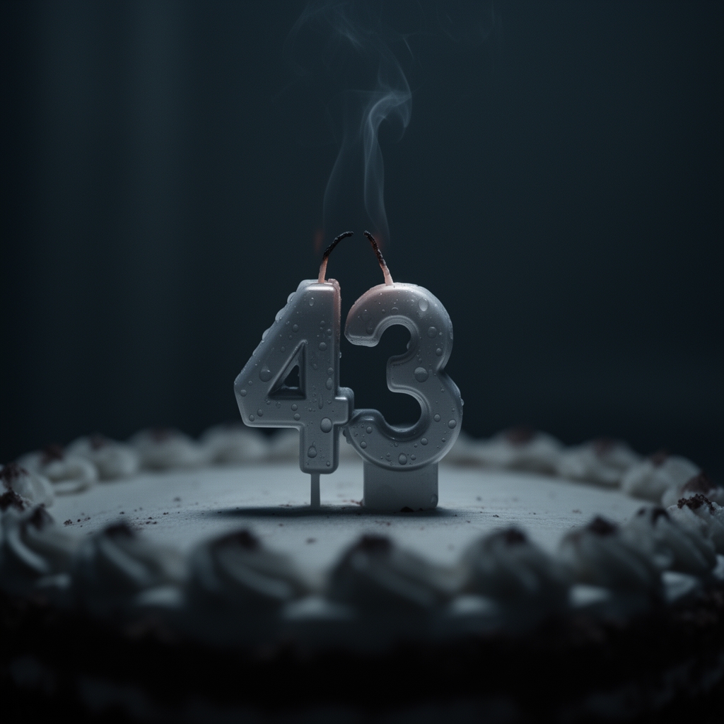 A cinematic, emotional image of a birthday cake with the number 43 candle.
The candles are blown out, with thin smoke rising from the wicks.
Dark, sad, and quiet atmosphere.
Cold, low lighting, moody shadows.
Background blurred, feeling of loneliness, time passing, nostalgia.
Realistic style, high detail, cinematic lighting, somber color palette.اگه میشه یخورده صحنه غمگین تر بشه و شمع ها تا نیمه شمعها خاموش آب شده باشن0