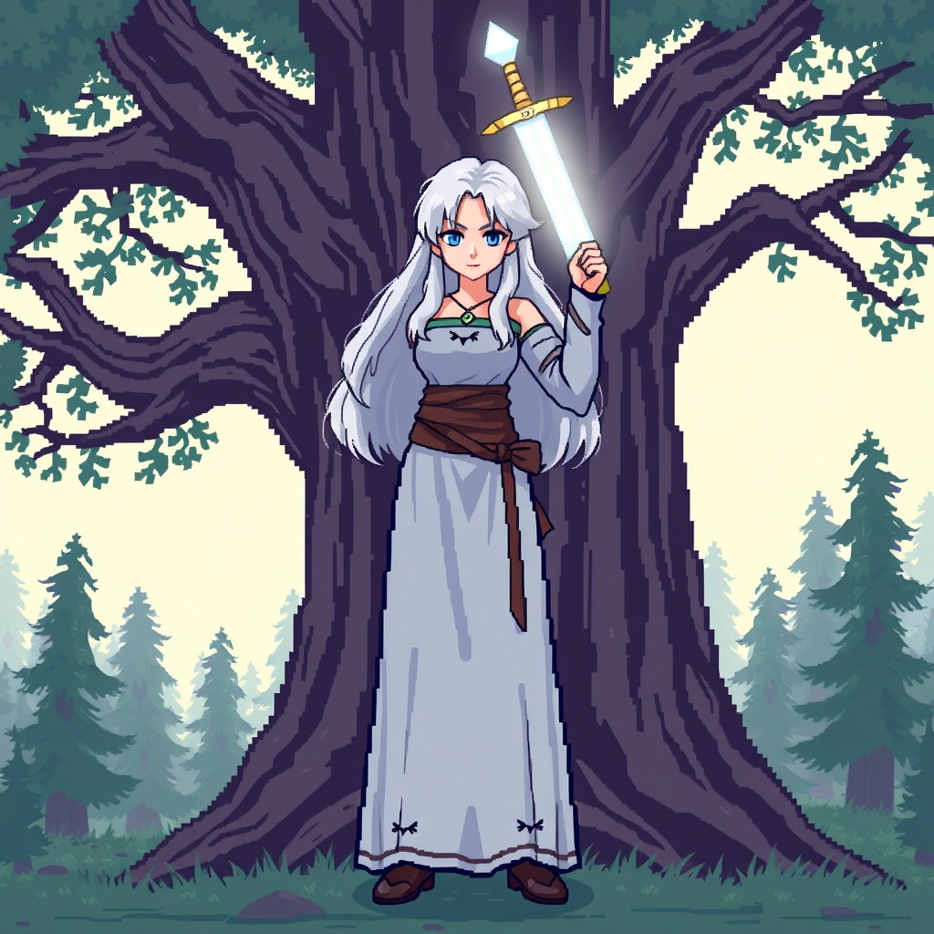 یک دختر با لباس گربه ای در وسط درخت است و یک شمشیر در دست ان است و مو های سفید دارد 9
