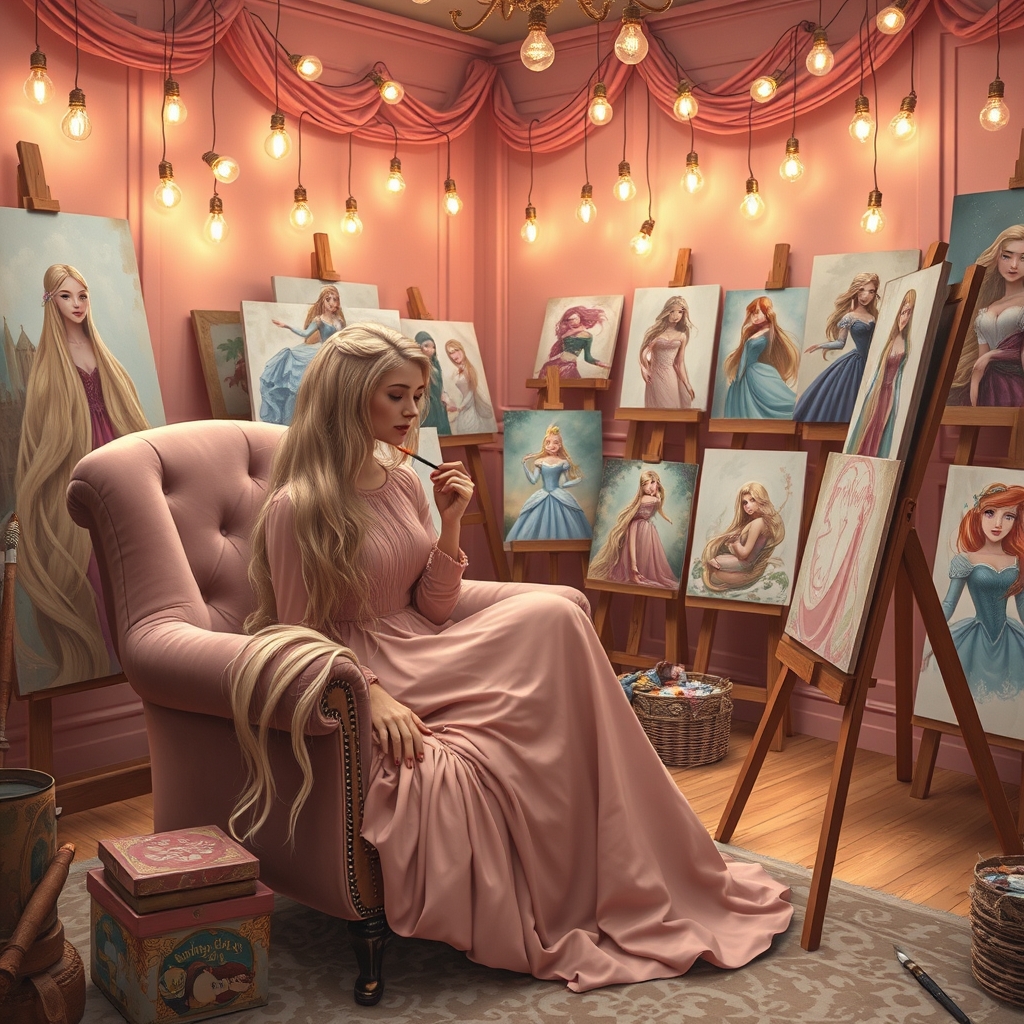 عکس یک دختر که روی صندلی نشسته است و دارد با قلمو روی تابلو نقاشی خودش را می کشد.درون اتاق پر است از تابلو های نقاشی که او کشیده است. هم عکس یکی از تابلو ها دختر است که موهایش را از برج آویزان کرده (راپونزل) و عکس تابلوی دیگر سیندرلا و دیگری اریل و.... فضای اتاق با چراغ هایی که از سقف اویزان است روشن است و رنگ فضای اتاق گرم است و تم صورتی گلبهی دارد.دختر موهایش کرمی است و مویش باز است و موهایش آنقدر بلند است که روی زمین افتاده است.8