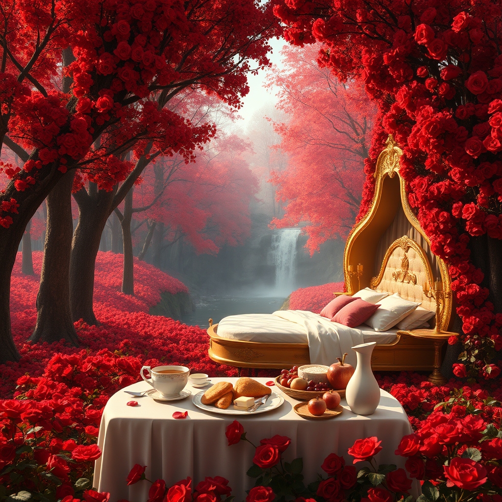 جنگل انبوه پاییزی در سایه درختان سرخ افرا
پوشیده از هزاران رز سرخ افسانه ای زمین پر از گل سرخ همه جا سرتا پای جنگل با رز سرخ و برگ سرخ پوشیده شده
یک آبشار بزرگ جاری ست
رودی هم در جریان ست
زیر تونل مسقف از گل رز سرخ
یک تخت سفید طلایی دخترانه قرون وسطایی با کوسن صورتی و شمعدان های طلا
یک میز سفید و طلایی مجلل صبحانه
پر نان خامه عسل کره مربا شیر شیر برنج باقلوا میوه سیب انار انگور14