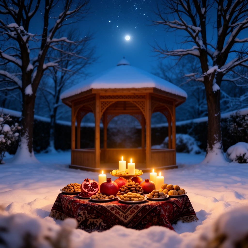  میز شب یلدا  در آلاچیق اطراف باغی با درختان و زمین از برف پوشیده شده 5