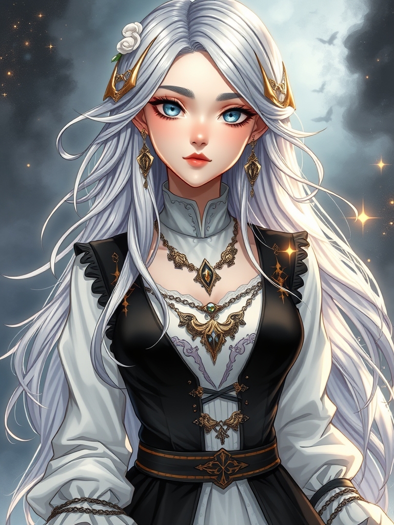 دختر خیلی خوشگل که موهاش نقره این براق باشه کانزاشی طلایی سیخی تو موهاش باشه چشاش به رنگ کمیاب و جذاب باشه ناخن هاش کاشت باشه و خیلی خیلی دراز باشه و رنگش سیاه و سفید باشه آرایش کرده باشه و لباسش رویایی باشه و گردنبند و گوشواره داشته باشه2