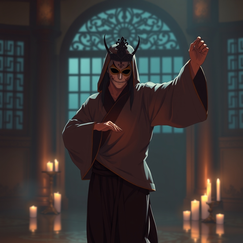 یک رقصنده ن
قابدار مرموز در حال اجرا در اتاقی روشن با نور شمع.18