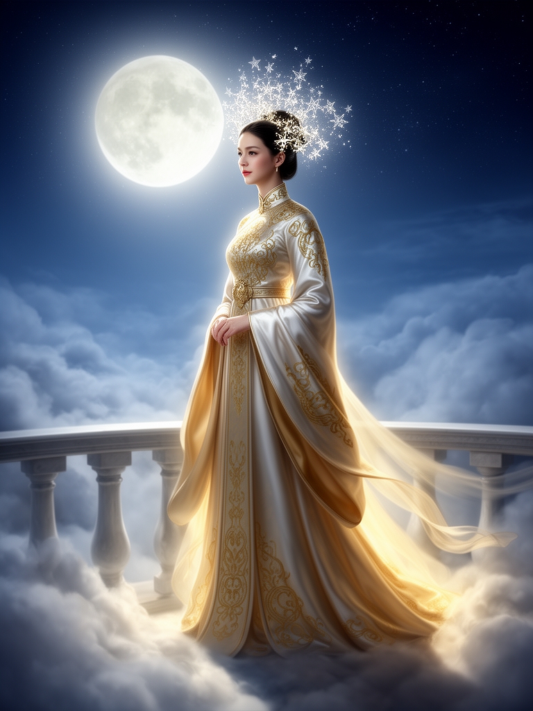 ملکه زیبا و آسمانی که داره به ماه نگاه می کنه و لباس چینی تنشه به صورت واقع گرایانه1
