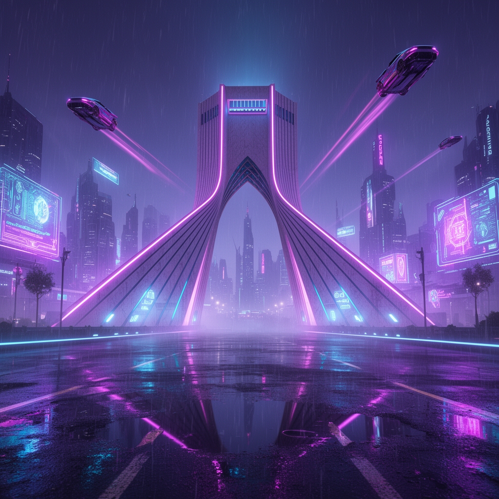 برج آزادی تهران در یک شب بارانی با سبک سایبرپانک، نورهای نئون بنفش و آبی، ماشین‌های پرنده در اطراف برج، کیفیت 8k.1