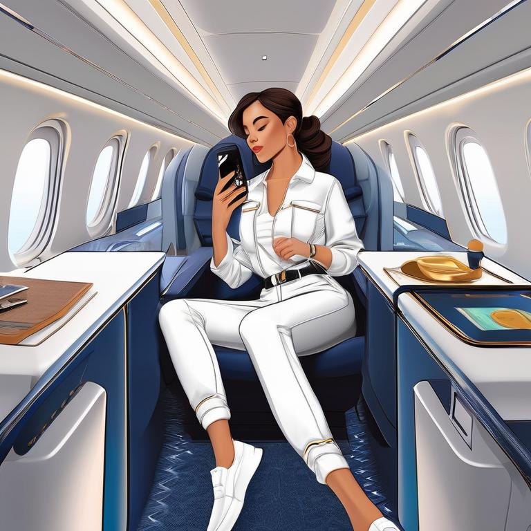 دختری که در یک هواپیما لاکچری داری با ایر پاد آهنگ گوش میده و یک شومیز سفید تنشه یک شلوار لش زاپ دار تنشه و داره با آیفون ۱۵ بازی میکنه و رنگ پوستش هم سفیده23