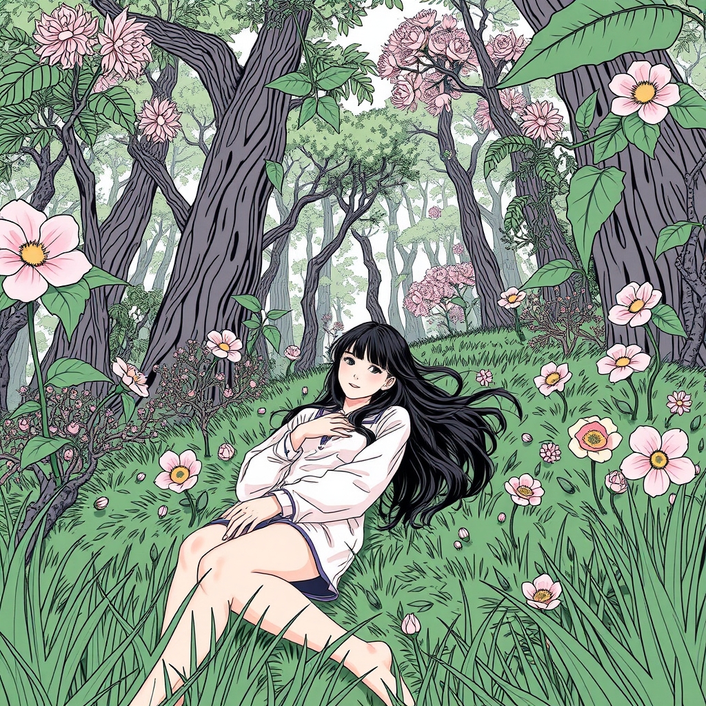 جنگلی با گل های مختلف درختان با برگ هایی عجیب و جزییاتی بی نظیر با یه دختر که روی بوته ها دراز کشیده و دختر کره ایی هست و موهاش رو روی چمن ها ریخته با سبک هنر خطی و با سبک کتاب کمیک17