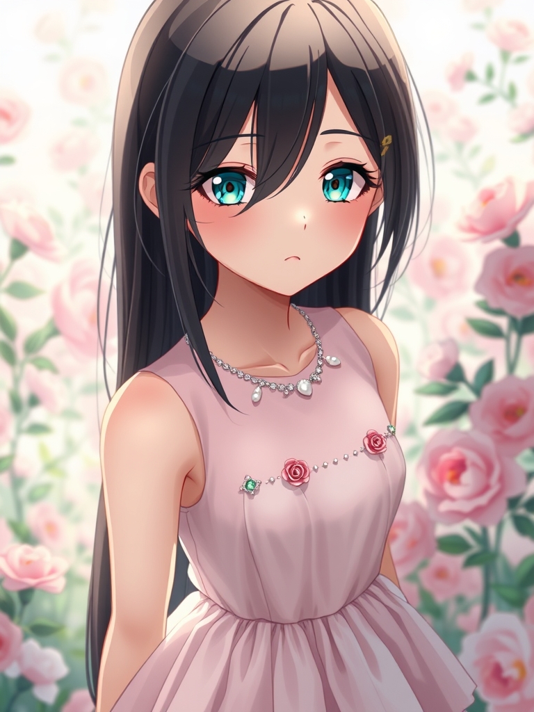 یک دختر بسیارررر زیبا با پوست سفید مثل برف،بینی کوچک،چشمان درشت فیروزهای،مژه های بلند و صورت زاویه دار،با موهای بلند به رنگ مشکی هم اندازه خودش که صافه و اطراف دخترک پریشان هست،،دختر در کنار گل هایی زیبا هست،یه لباس صورتی پاستیلی زیبا هم به تن داره که بدون آستینه،کمرش جذبه،یقه اش ضربدری هست،پایینش پف دار و لایه لایه هست که روش با گل های رز کوچک و مروارید و زنجیر های ظریف نقره ای و یاقوت و زمرد تزئین شده11