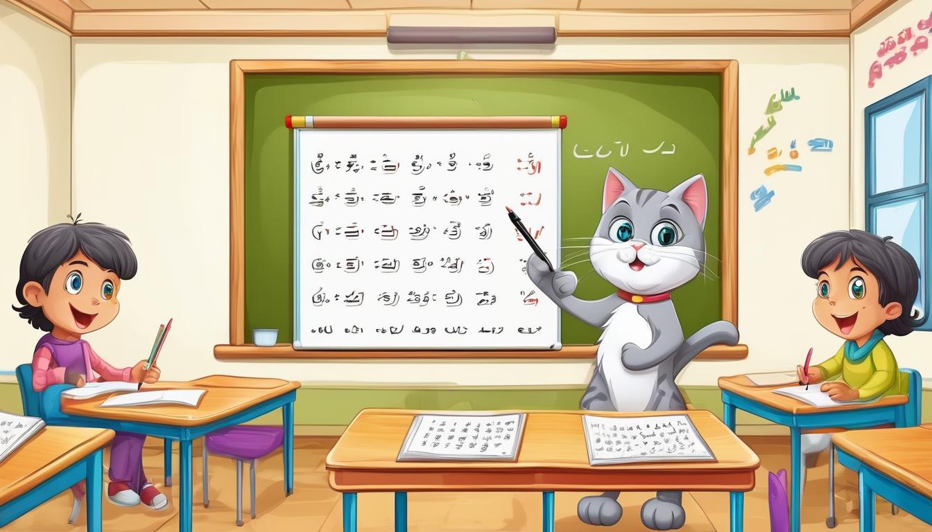 گربه در حال نوشتن جدول ضرب روی تخته وایت برد با ماژیک در کلاس درس به زبان فارسی23