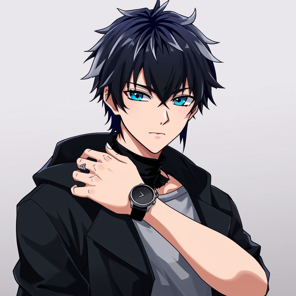 یک پسر خوشتیپ و گنگستر و استایل مشکی با موهای مشکی و کمی سفید و چشمای آبی با ساعت مچی و انگشتر تیغی دارد21
