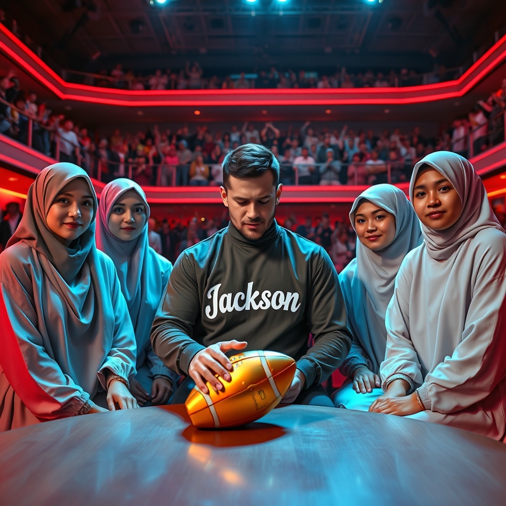 یک عکس که در آن چند نفر روی صندلی نشسته اند. دستکش طلای فوتبال روی میز قرار داشته باشد. یک نفر درحال برداشتن آن باشد. روی لباس او نوشته شده باشد با فونت انتقام جویان : Jackson
پشت سر آن چند نفر یک استودیو سه طبقه باشد که روی آن هواداران ایستاده باشند و درحال تشویق کردن او باشند.
نورپردازی نئون این سالن قرمز باشد.
این عکس طرح فوتبالی داشته باشد.
او یک مرد باشد.19