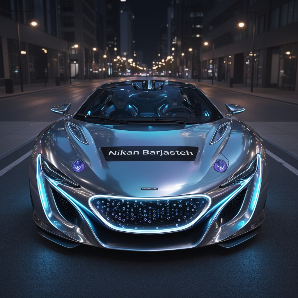 یه ماشین با تکنولوژی زیاد و جزئیات زیاد و روی کاپوت ماشین نوشته Nikan Barjasteh18