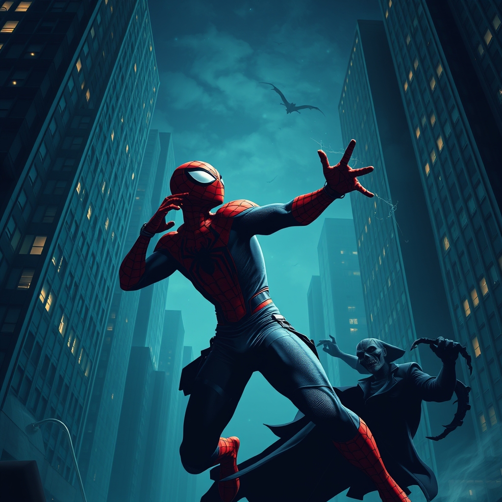 يک مرد عنکبوتی که دارد بایک دشمن می جنگد و ساختمان های بلندی اطراف آنها است و شب و ترسناک است8