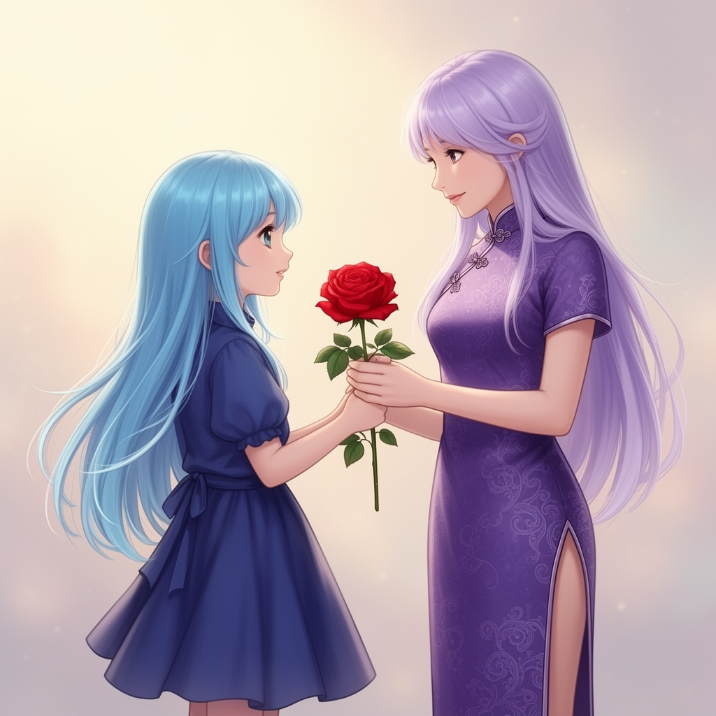 یک دختر بچه به موی بلند آبی آسمانی لباس و دامن نیلی زیبا که گل رز قرمز در دست دارد و داره به مادرش می دهد مادرش هم با موی بلند بنفش کمرنگ و پیرهن دامدار بنفش پرنگ چینی3