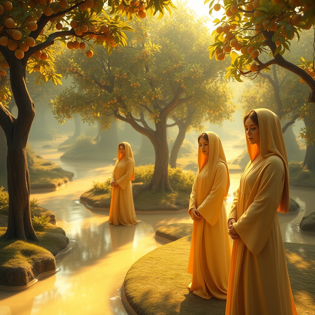 بهشت با نهرهایی از عسل و شیر و حوریان بهشتی و درختان پر میوه1