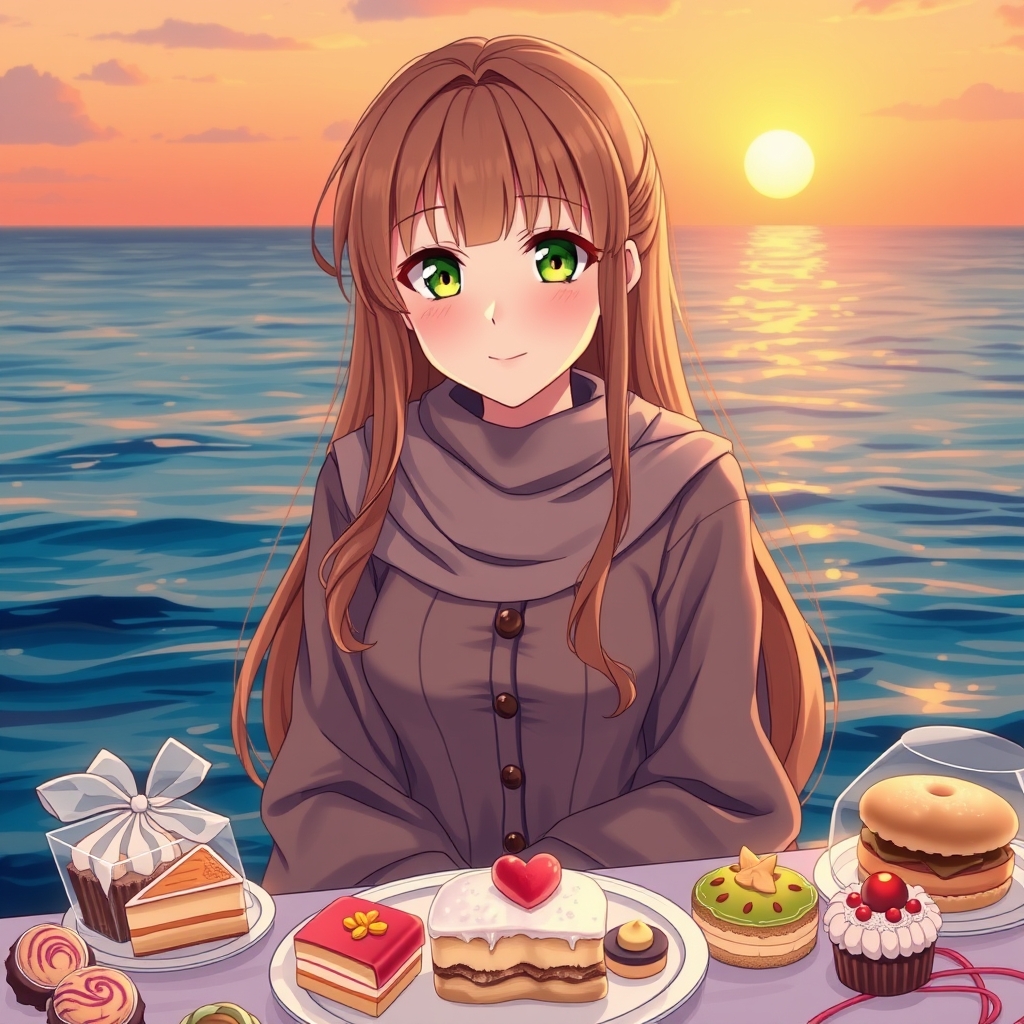 یک دختری کهدنامش محنا هست آن شیرینی هارا دوست دارد و رنگ موهایش خرمایی و رنگ چشم هایش سبز روشن و محنا خیلی زیبا هست و در کنار یک دریا نشسته است 1