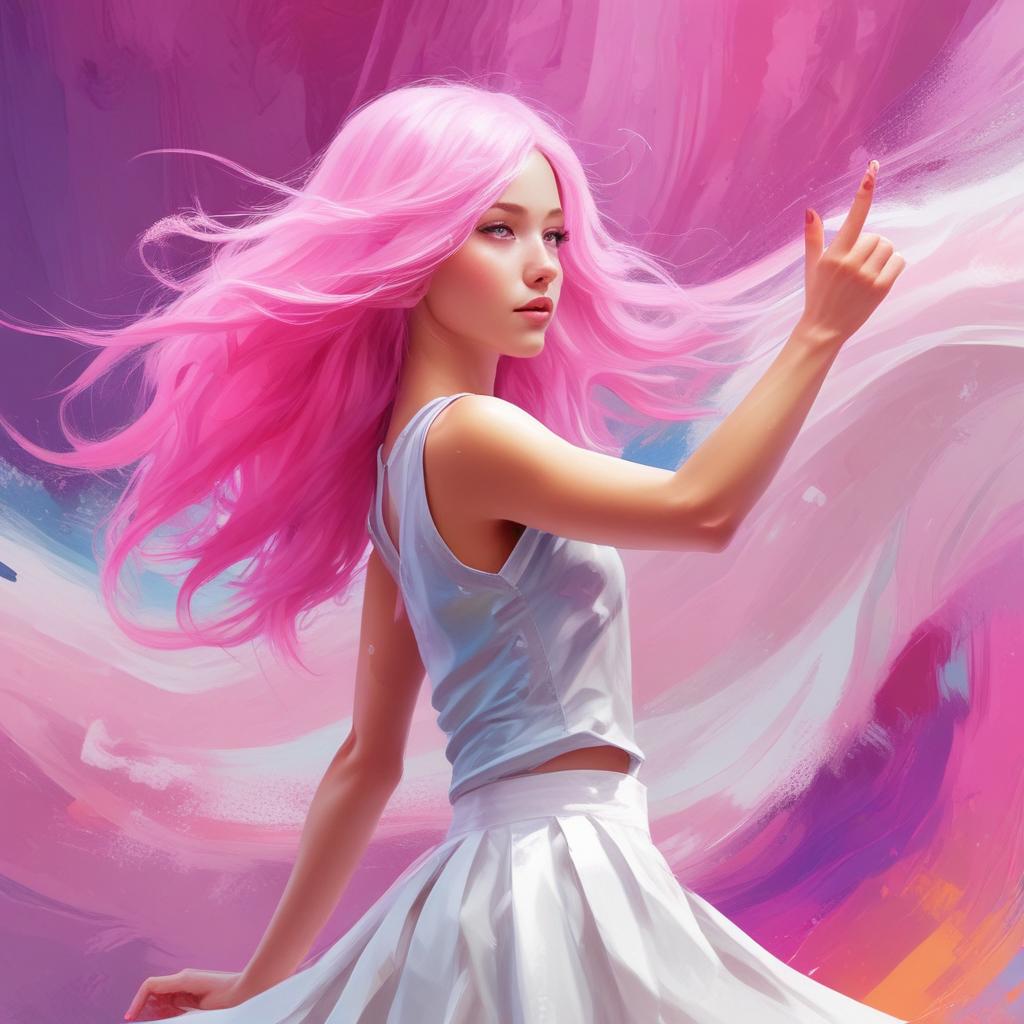 دختری از پشت که دارد دست تکان می دهد با موهای بلند صورتی لباسی دامن دار سفیدی 1