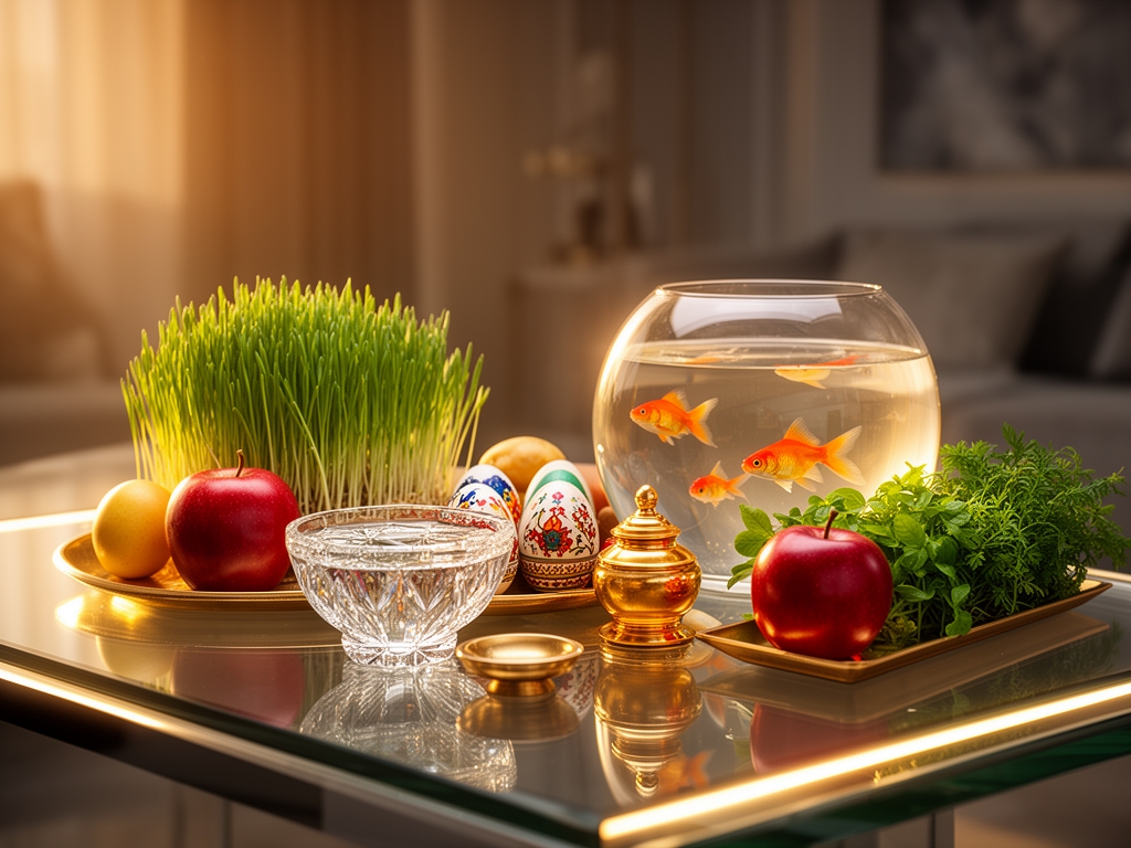 سفره هفت سین ایرانی مدرن روی میز شیشهای، تنگ ماهی و سبزه و سیب، نورپردازی سینمایی و گرم، نمای لوکس و امروزی.0