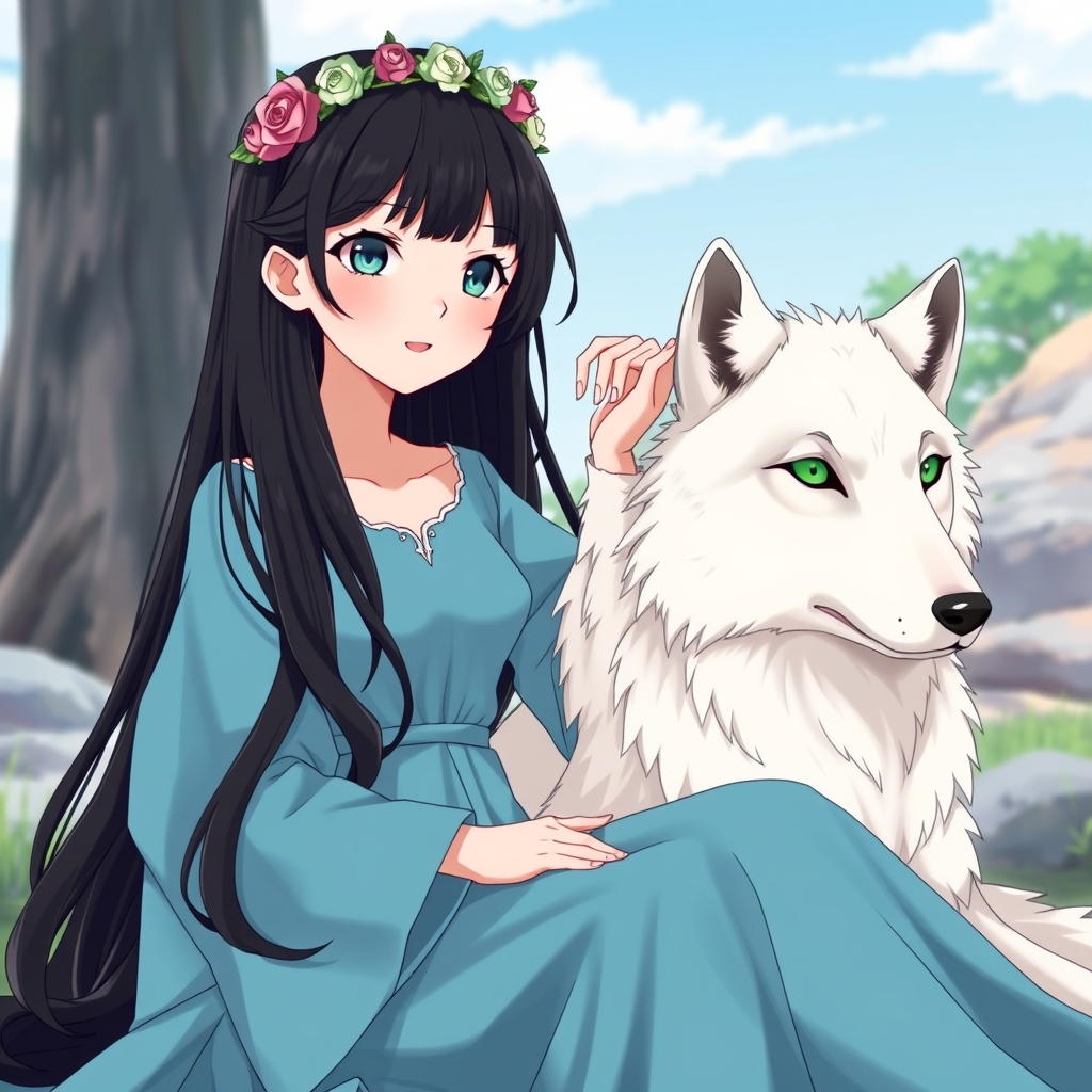 عکس دختری با موهای بلند مشکی دامن بلند آبی آسمانی که روی زمین پهن است وآستین بلند پفدار باچشمان سرمه ای ولبهای قرمز درحالی که کنارش گرگ سفید آلفاییو زیبایی با چشمان سبز نشسته ودست دختر روی سر آن گرگ است با تاج از گل 16