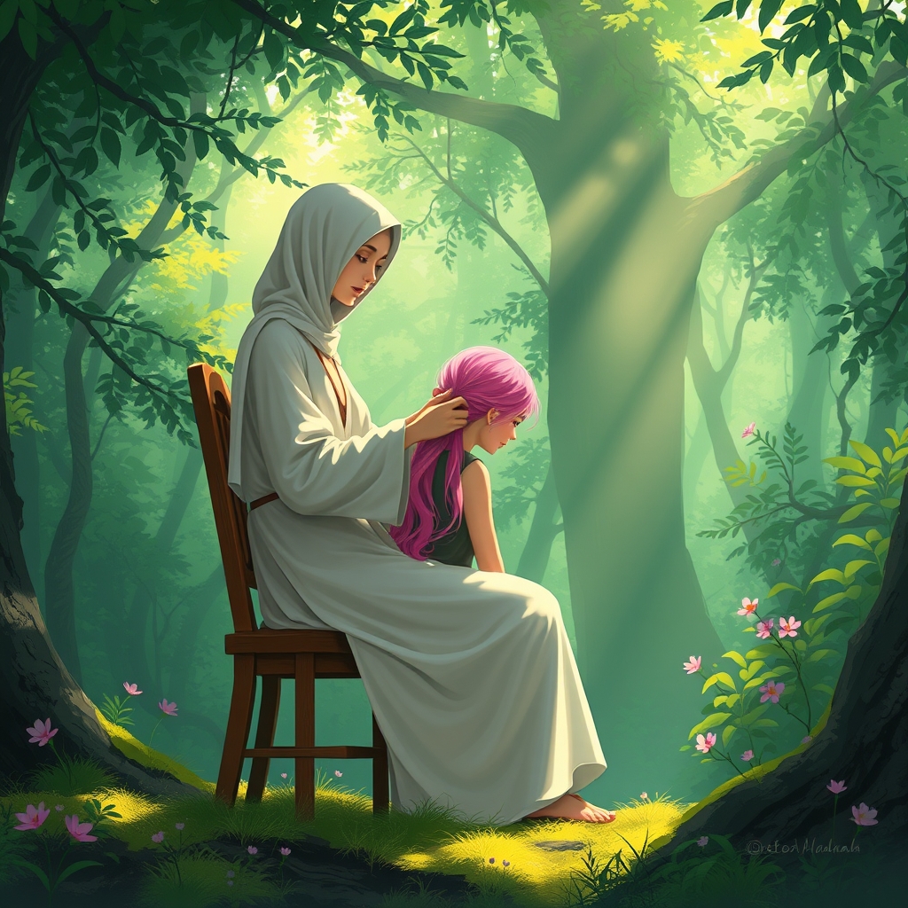 عکس یک خانم محجبه که داره موهای صورتی یک نفرو میبافه و در یک جنگل سبزن روی یک صندلی چوبی7