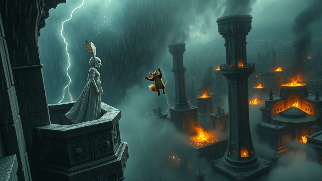 "A highly cinematic, wide-angle shot captured with IMAX camera lenses, tilted slightly for a dynamic perspective. The scene unfolds in a dark fantasy setting under a raging storm, with torrential rain and flashes of lightning illuminating the chaos.
In the foreground, an intricately detailed balcony dominates the frame. A white anthropomorphic rabbit girl, her fur dampened by the rain, stands on the edge, her expression cold and resolute. Her delicate yet imposing silhouette contrasts against the violent scene. Suspended mid-air just beyond the balcony is a red anthropomorphic fox, frozen in the moment of falling, his outstretched hands reaching back in desperation. The tension is palpable as his fate unfolds.
In the background, the sprawling cityscape lies in chaotic blur, shrouded by dense smoke and consumed by roaring flames. The glow of fire flickers through the mist, illuminating the silhouettes of crumbling structures. Above, the storm clouds churn with energy, crackling with veins of lightning that briefly light up the apocalyptic tableau, emphasizing the city’s tragic downfall."9