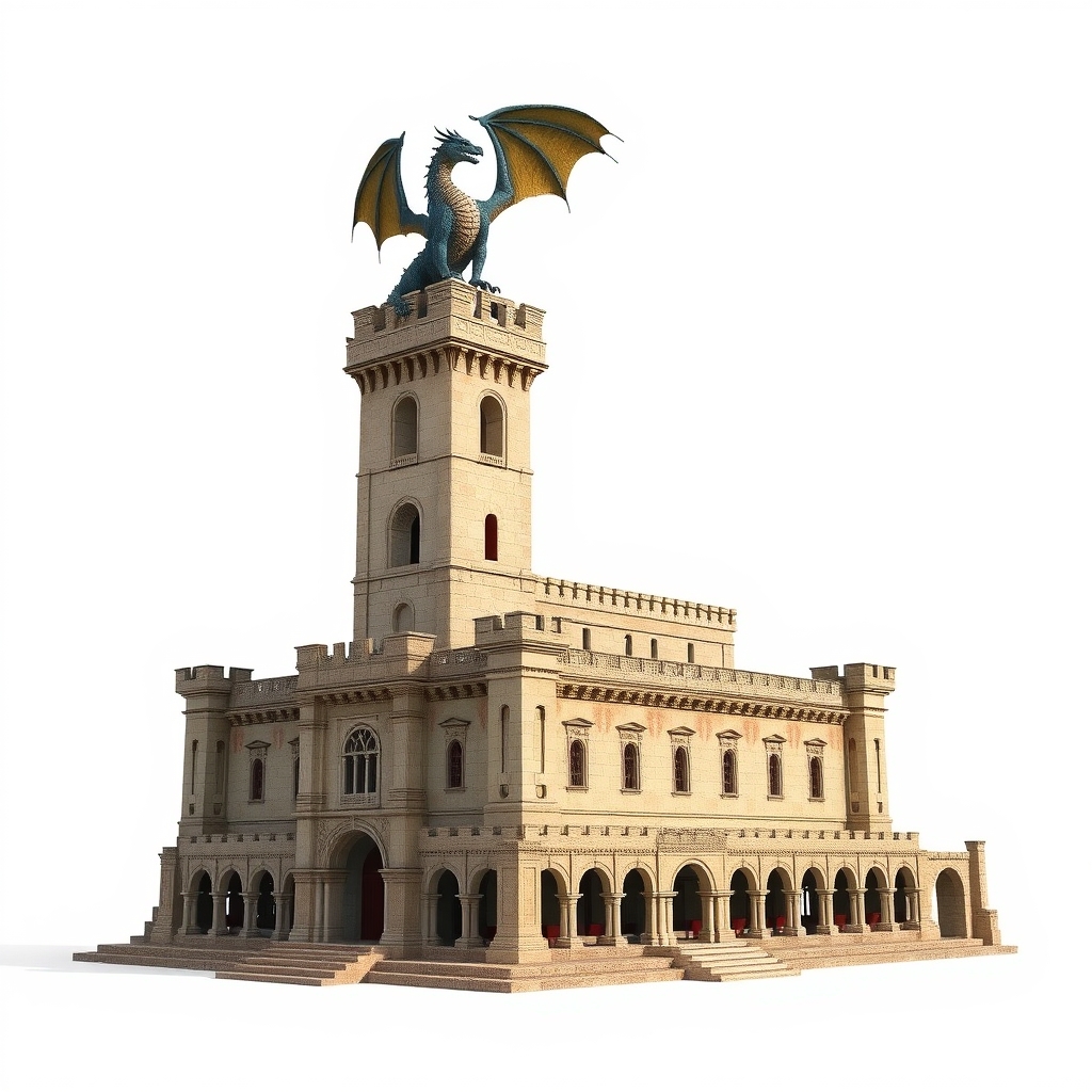 قلعه بزرگ روم باستان که روی بلند ترین برجش یک اژدهای روم باستان ایستاده پسزمینه سفید7