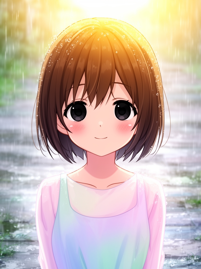 یه دختر ۱۵ ساله با موهای قهوه‌ای کوتاه و چشمای مشکی که لپ هایش یک ذره سرخ شده چشماش خیلی درشته بینی کوچک و یک خنده خیلی کوچک با پس زمینه یه هوای بارونی که خورشید در اسمانه و هوا ابیه و لباس رنگی با رنگ‌های پاستلی 13
