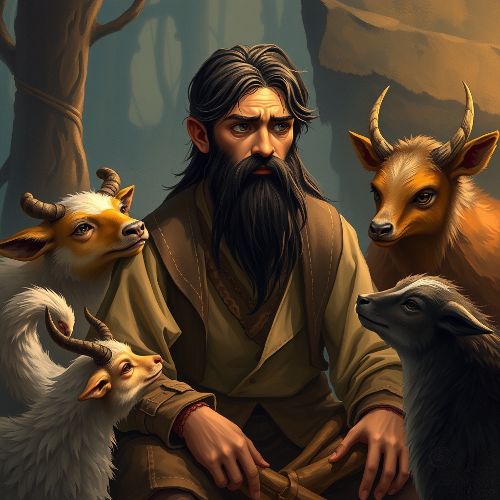 یک مرد جوان با ریش های مشکی بلند و لباس های قدیمی که در پیشانی اش نور است بین حیوانات نشسته و حیوانات مختلف در حال صحبت با او هستند و او از سخنان آنان ناراحت شده و اشکانش سرازیر شده است13