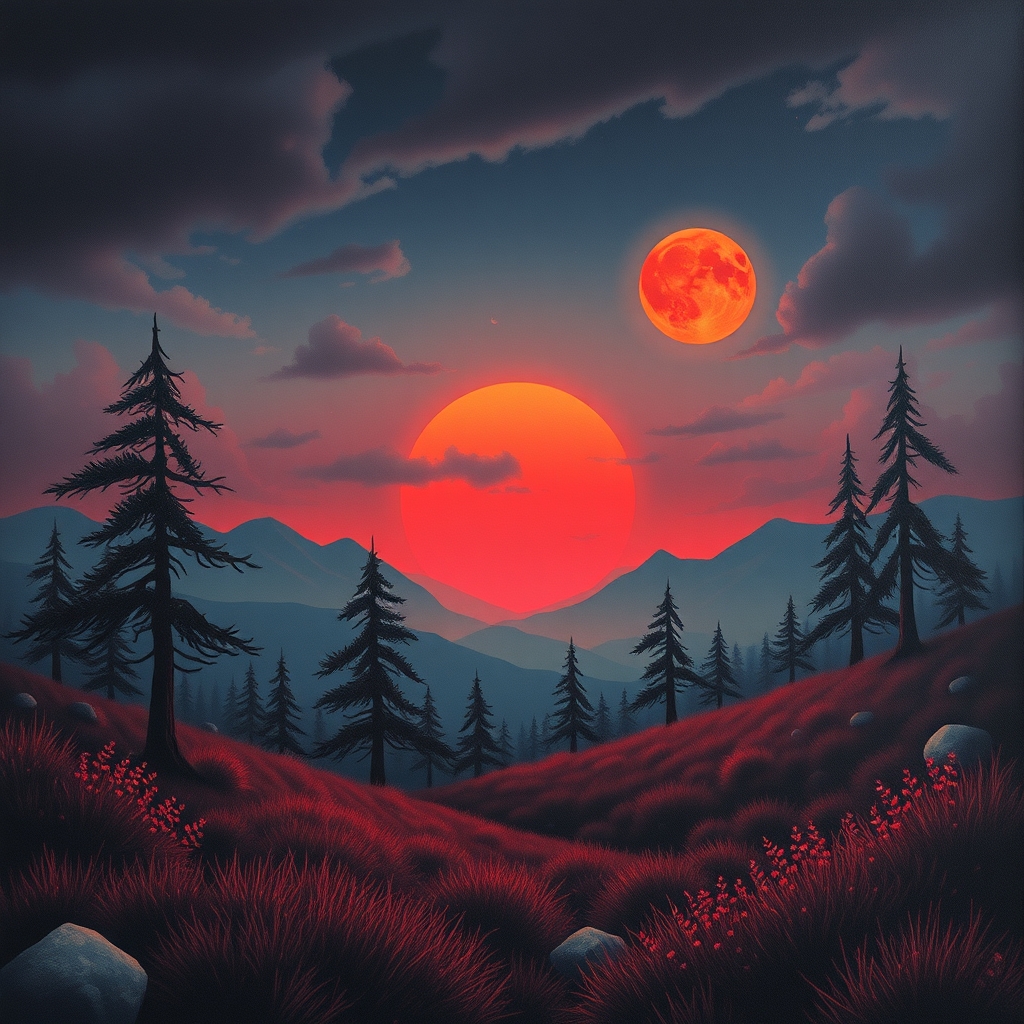 بین دوتاکوه ماه به رنگه قرمز درحالی بالا آمدن 0