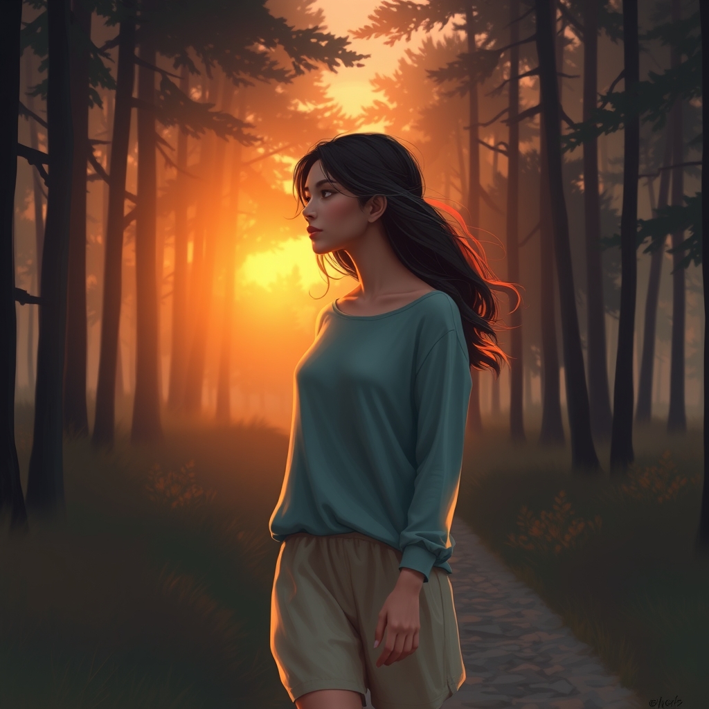 یک دختر زیبا توی جنگل در غروب آفتاب 8