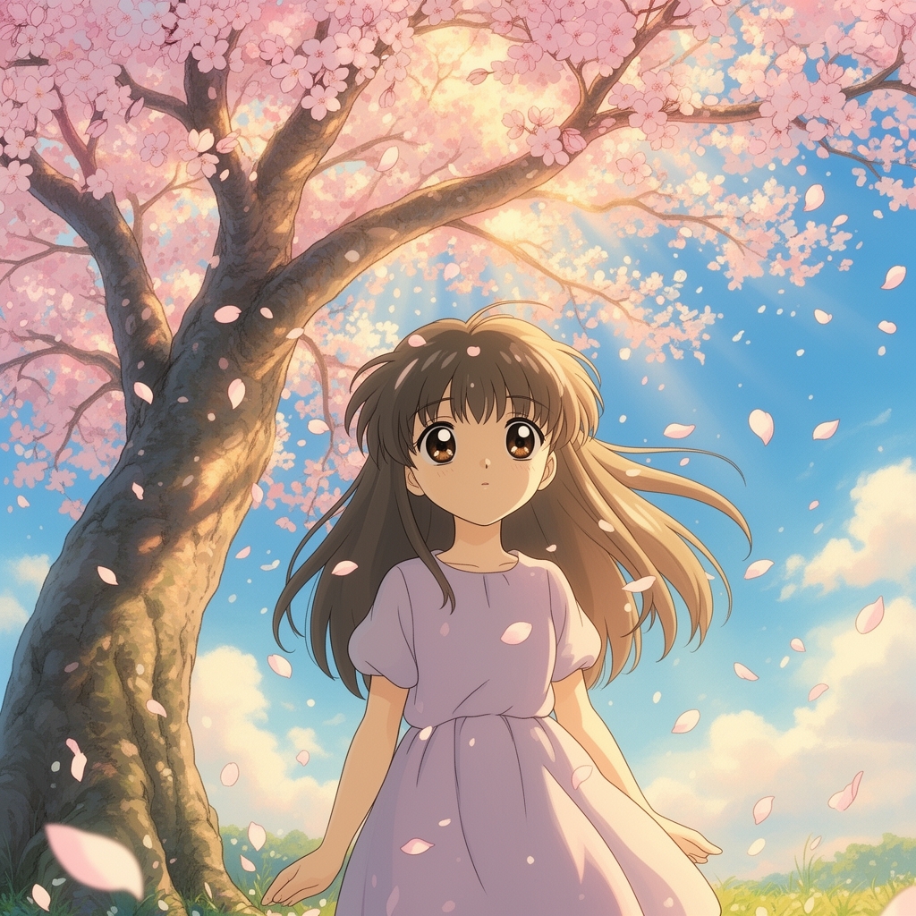 دختر انیمهای با چشمهای درشت و براق که زیر درخت شکوفه گیلاس ایستاده، گلبرگها در باد میرقصند، سبک استودیو جیبلی، آسمان آبی روشن.4