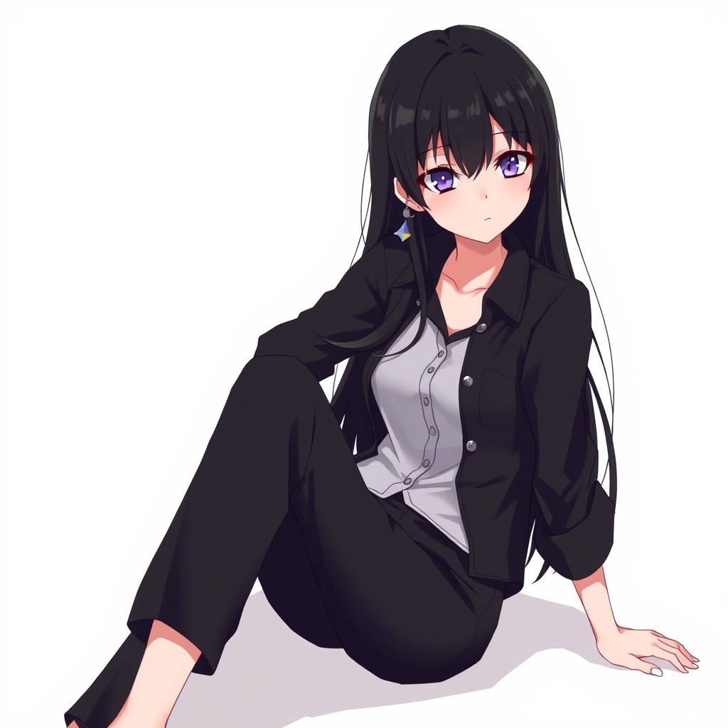 دختری با بلوز شروال سیاه 
دوزانو نشسته 
موهای بلند و مشکی 
هنزفیری درگوش21