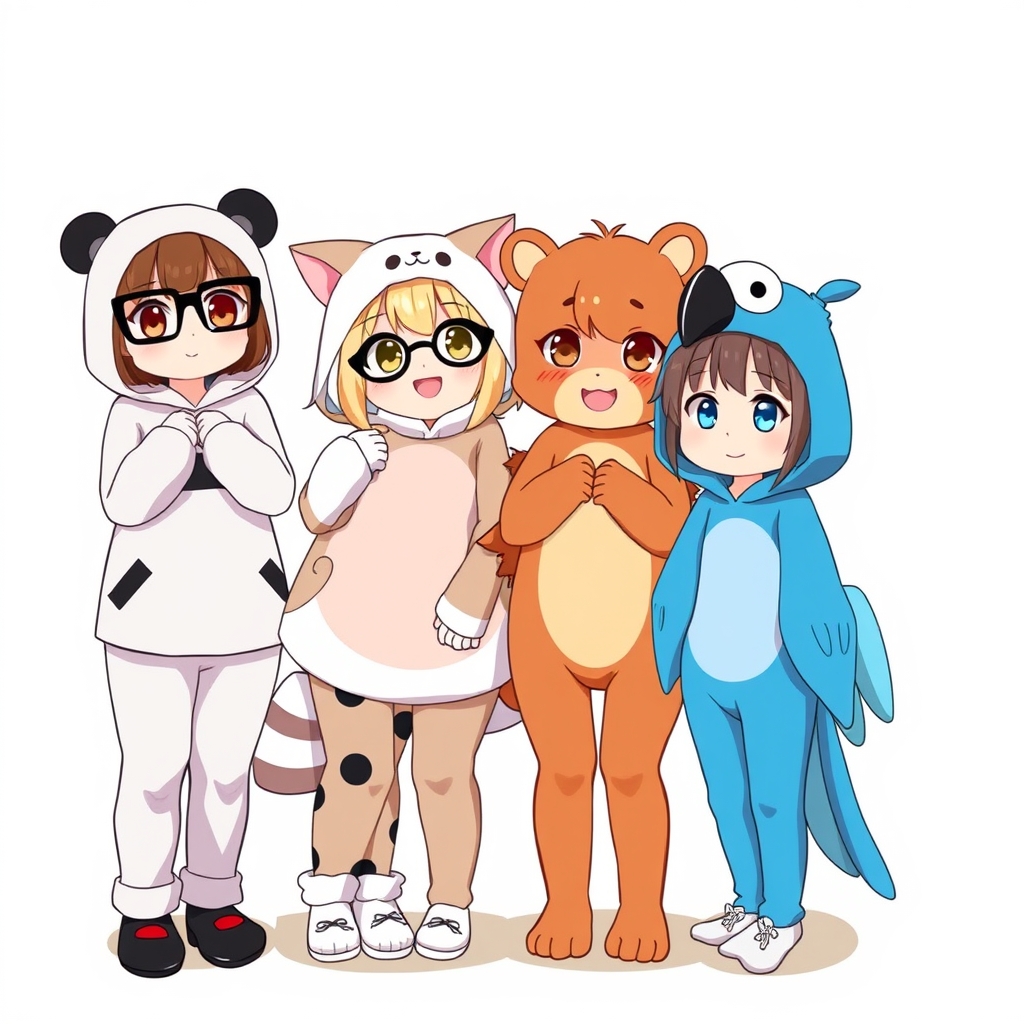 ۴ دختر در کنار هم یکیش با لباس حیوون پاندا که عینک مستطیلی داره و مشکی هست چشم و موهاش هم قهوه ای هست دومین دختر لباس حیوون گربه داره که عینک دایره ای شکل داره موهاش عسلی طور هست و چشماش قهوه ای سومین دختر لباس حیوون سنجاب بامزه داره که پوستش شکلاتی هست و چشم و موهاش قهوه ای چهارمین دختر لباس حیوون طوطی آبی بامزه داره که چشم هاش آبی و هست و موهاش روشن و کیوت خوشگل هستن و هم قد و اندازه هم هستن و از هم یکم فاصله دارن16