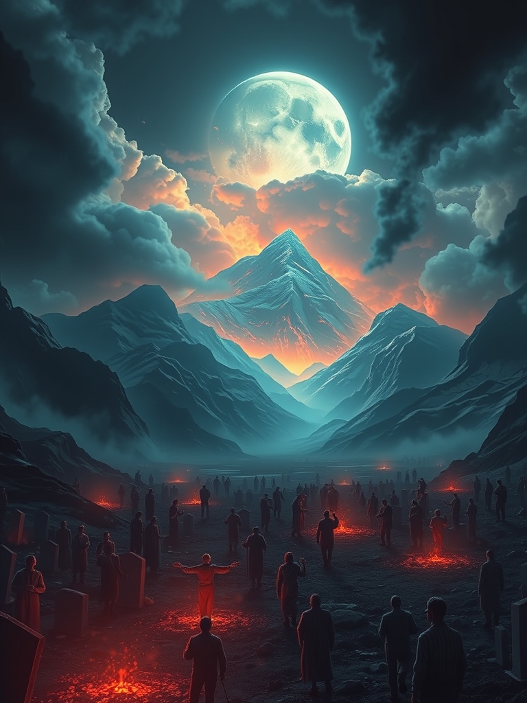 شبیه سازی روز قیامت و تکان خوردن کوه ها و برخاستن مردم از گور و آسمان به رنگ عجیب و فرار انسانها به هر سو و ترس آنها😱😰😨1