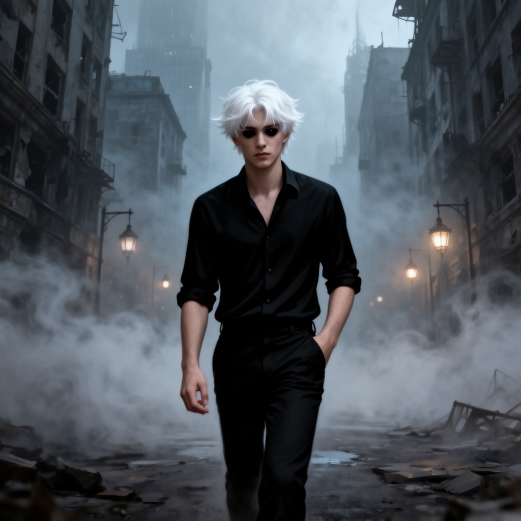 پسری با سن حدودی ۲۰تا۲۵سال در فضایی مه آلود با پیراهنی مشکی ، شلوار مشکی و مو های سفید و چشمانی سیاه پوست رنگی کرمی کم رنگ در شهری خالی از سکنه دست در جیب و در حال قدم زدن 5
