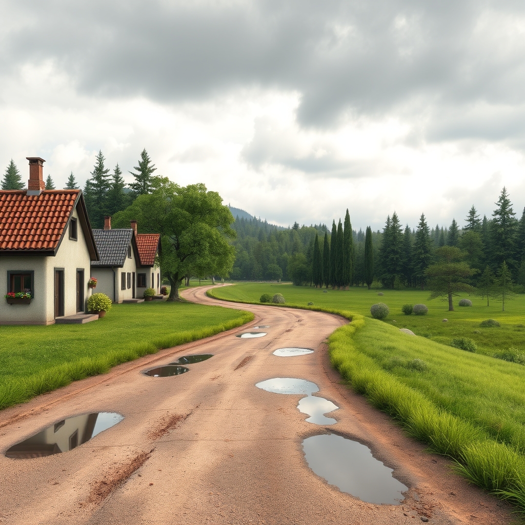 ی جاده خاکی ک تهش بطرف رلست میپیچه ویطرف جاده چندتا خانه های قدیمی با شیروانی و گلهایی بر دیوارهای خانه هد ویکطرف دیگه جاده سبزه زار و درختهای سرو و کاج زیبا آسمون ابری و توی جاده چندتا چاله کوچک وبزرگ ک پرازآب هست.10