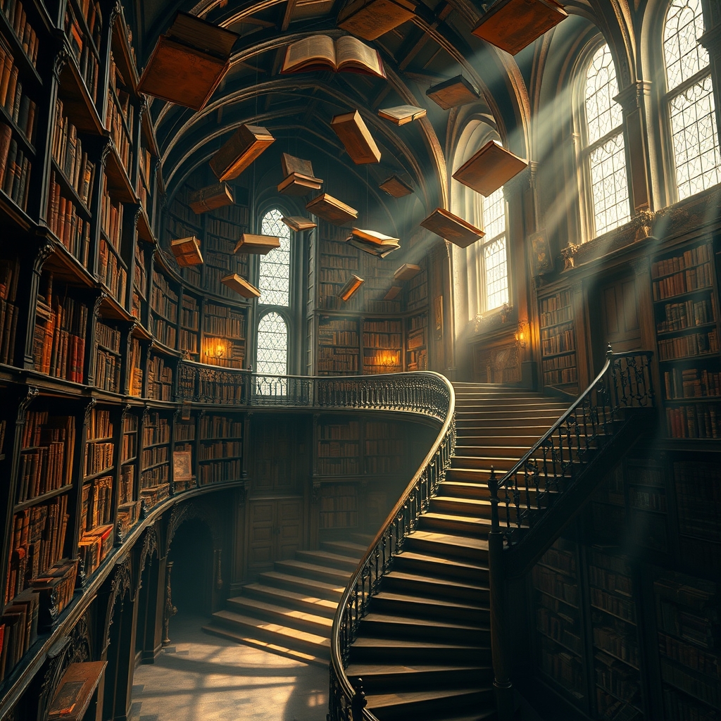 یک کتابخانه خیالی با کتاب‌هایی شناور در هوا، روشن‌شده با نور طلایی.13