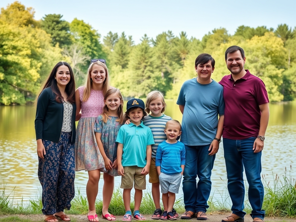 خانواده خوشبخت و شاد در کنار دریاچه ای ک پر از درخت های زیبا و سر سبز هستن دو دختر و چهار پسر در کنار مادر و پدر 20