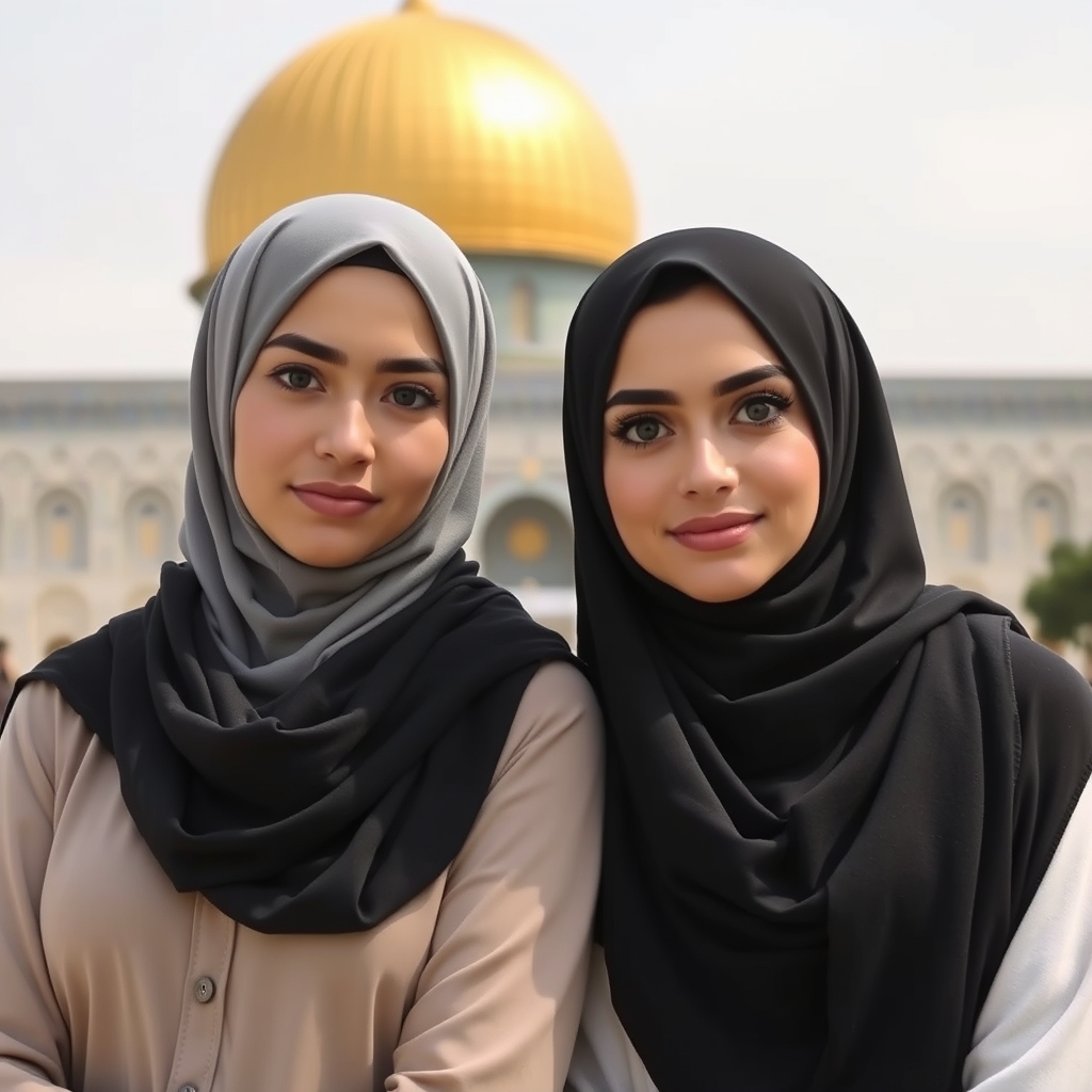 دو خواهر که پیش هم ایستاده‌اند و با حجاب کامل با دو روسری طوسی و چادری مشکی و مژه های بلند مشکی و با لب های براق روبروی گنبد طلایی قدس ایستاده اند2