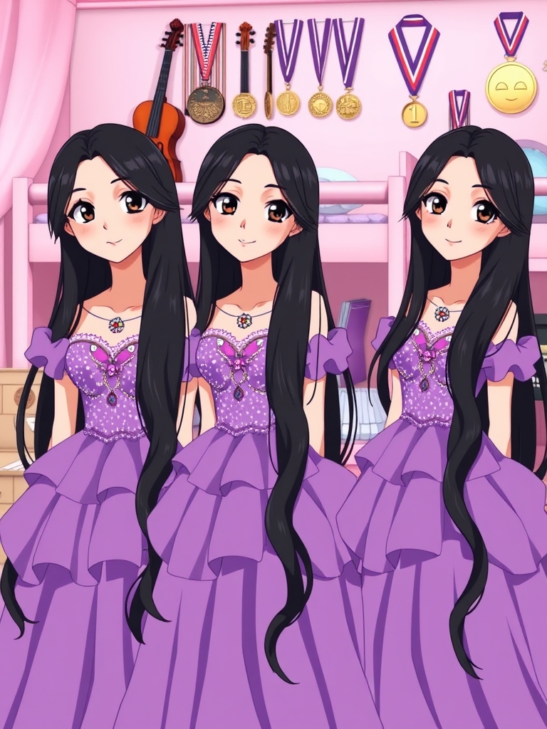 سه قلوها،اتاق زهرا،فاطمه،زینب که سه خواهر سه قلو و شبیه هم هستند و لباس هر سه تاشون بنفش و اکلیلی و براق و پف پفی و دامن دار مانند پرنسس ها است و هر سه تاشون موهای خیلی بلند و مشکی دارند و لبخندی ملایم و لب های سرخ دارند و توی اتاق ایستاده اند و توی اتاق تخت سه طبقه است و اتاق و تخت آنها صورتی است و پشت سر آنها یه گیتار و یه ویولن و یه پیانو است و تعداد زیادی از مدال هایشان را به دیوار آویزان کردند و موهای آنها تکان می خورد و هر سه تاشون به دوربین نگاه می کنند16