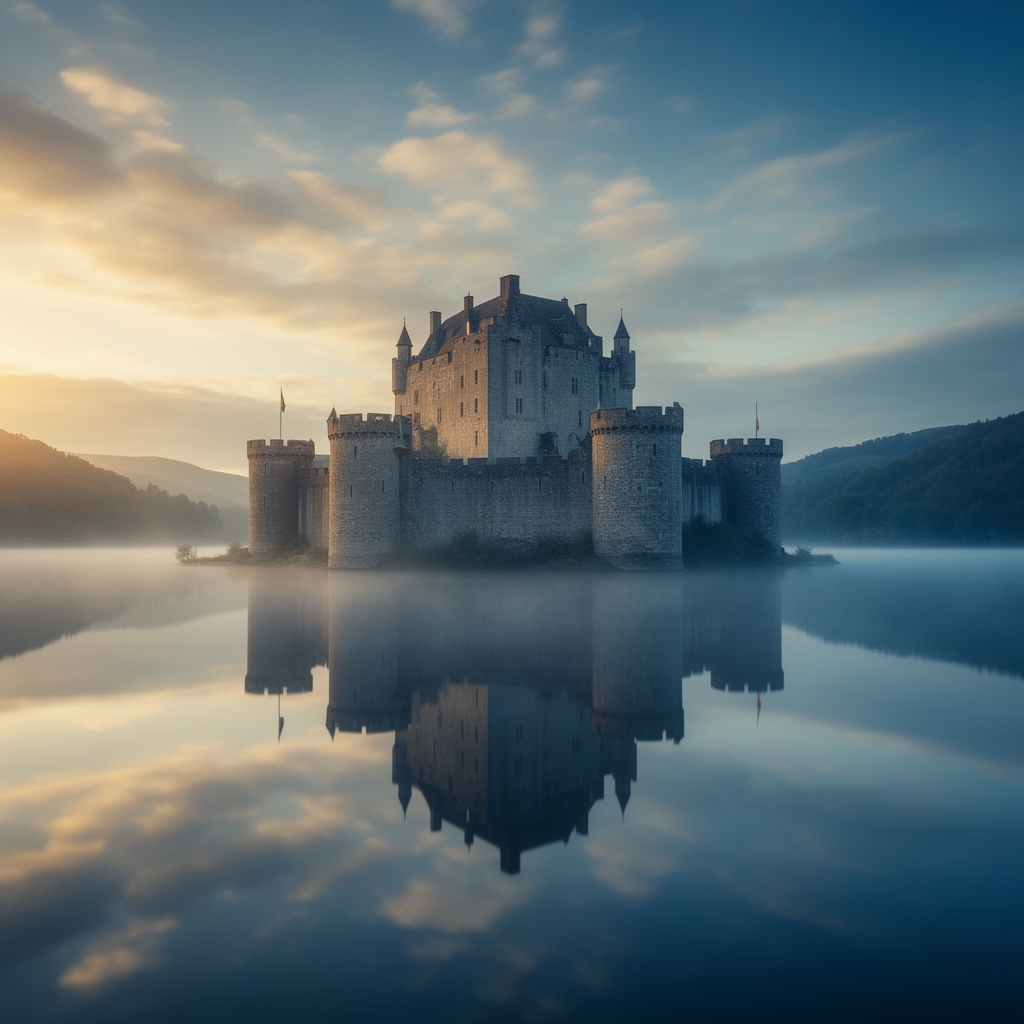 یک قلعه ی داخل آب که تصویر آن در آب منعکس شده 🩵2