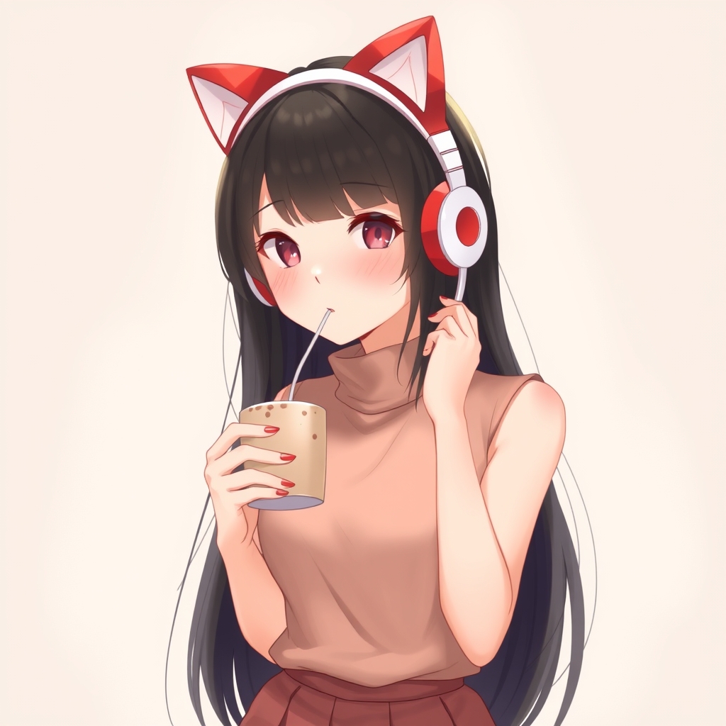 عکس یک دختر زیبا با موهای بلند رنگ مشکی که هدفون قرمز رنگ به شکل گربه ای روی سرشه و داره پاستیل و شیر کاکائو رو مخلوط باهم میخوره 5
