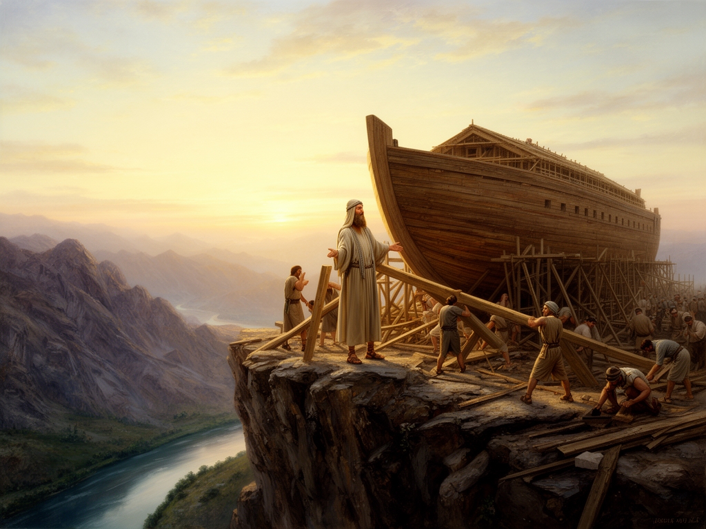 عکس حضرت نوح در حالی که در بالای بلندی درحال ساختن کشتی هست4