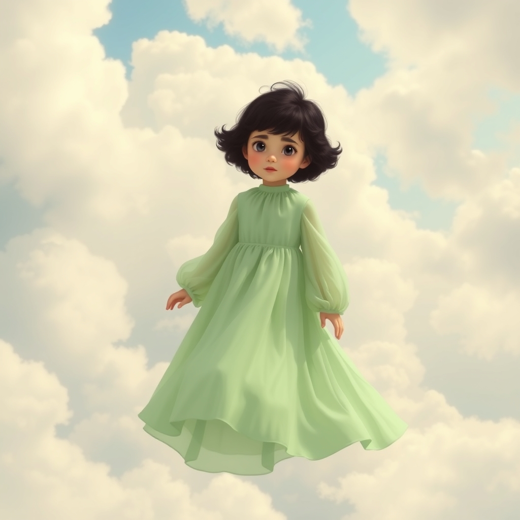 دختری با لباسی از حریر سبز پاستیلی و موهای کوتاه فر و چشم و ابرو مشکی در حال پرواز در میان آسمان پر از ابرهای پنبه ایی15