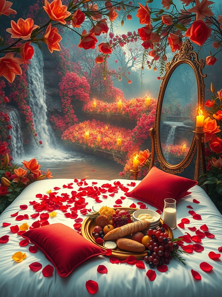 باغ بزرگ و افسانه ای پر گل سرخ لی لی یم زرد و سفید و اطلسی و شب بو
دورادور آبشارها روان به داخل برکه می ریزند وسط برکه زیر تونل افراشته از گل سرخ و تونل روشن از هزان شمعدان طلا
یک تشک گرم و نرم سفید با کوسن های قرمز پر شده با گلبرگ های سرخ دیده می شود
و سینی گرد و طلایی پر نان کره خامه عسل میوه و شیر و شیر برنج خوشه انگور سرخ سیاه زرد نزدیک تشک ست و
یک آینه تمام قد بلند از طلا کمی دورتر ایستاده9