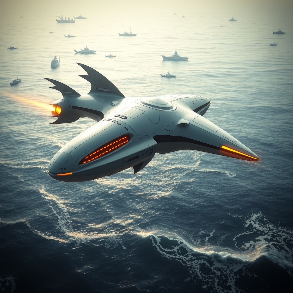 یک سفینه فضایی آینده‌نگر به شکل موجود دریایی، در حال پرواز بر فراز یک اقیانوس بیگانه1