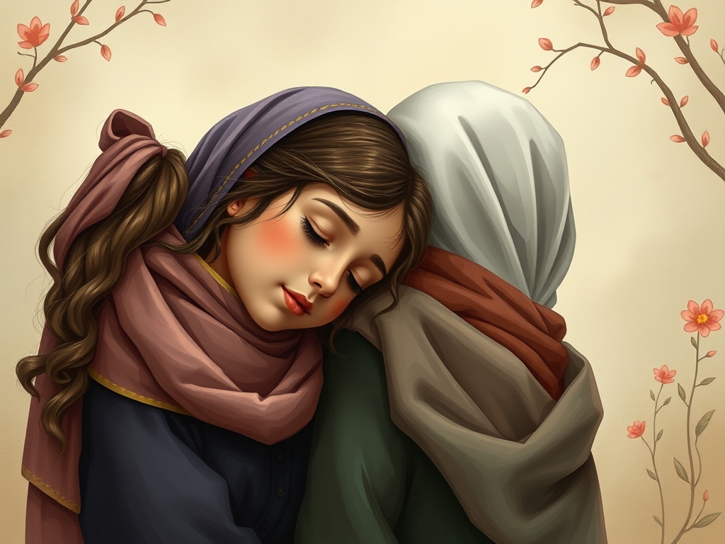 دختری ۱۳ ساله که سرش را در پای مادر گزاشته است و دست مادر در سر دختر هست
دختر و مادر باحجاب باشند دختر هم بزرگ ۱۳ ساله
باححاببببببببب و روسری دارررر5